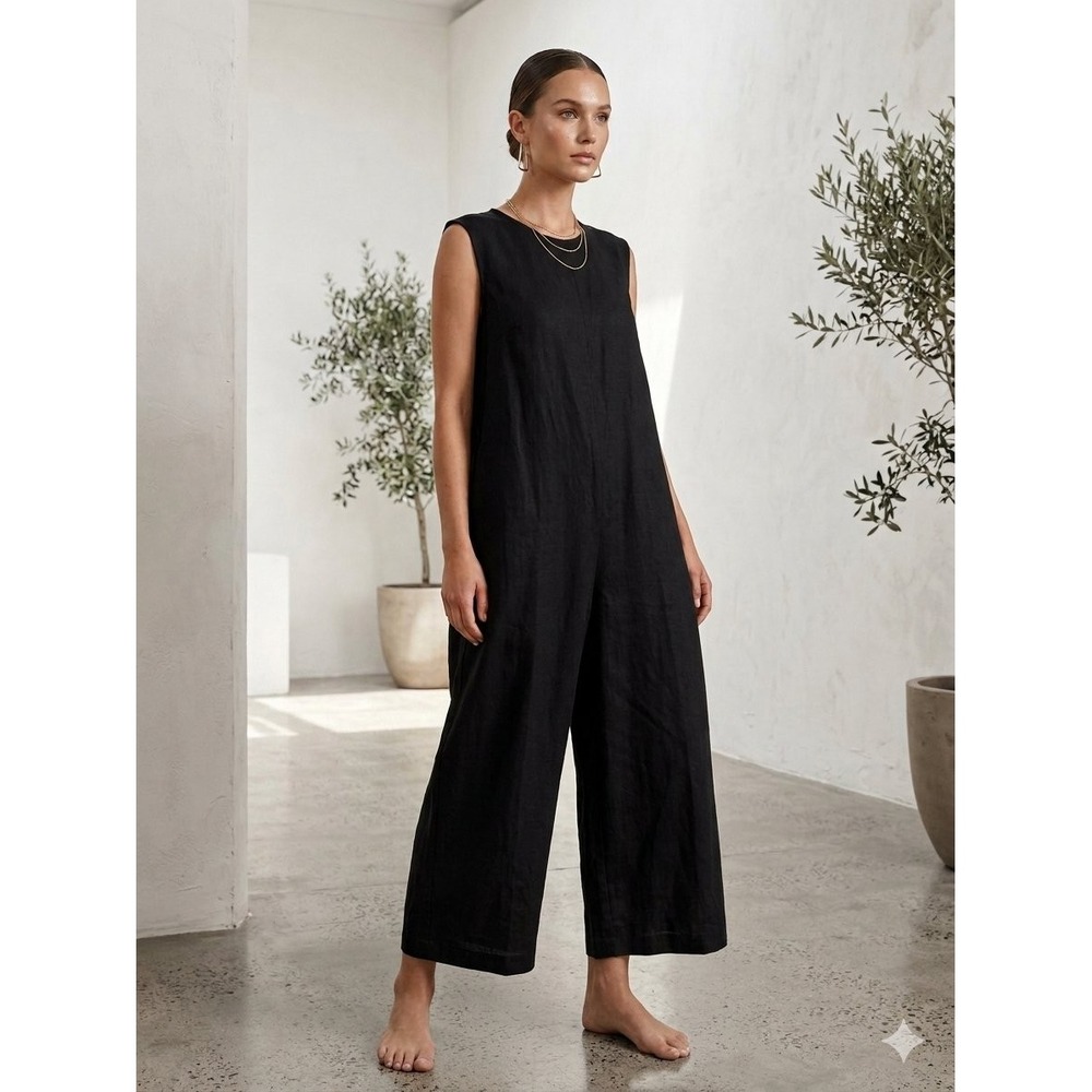 UOOZEE Black Cotton Sleeveless Wide Leg Jumpsuit Minimalist Relaxed Fit